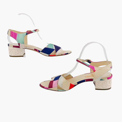 Chanel Flower Block Heel Sandals in Multicolor Patchwork Canvas Size 40