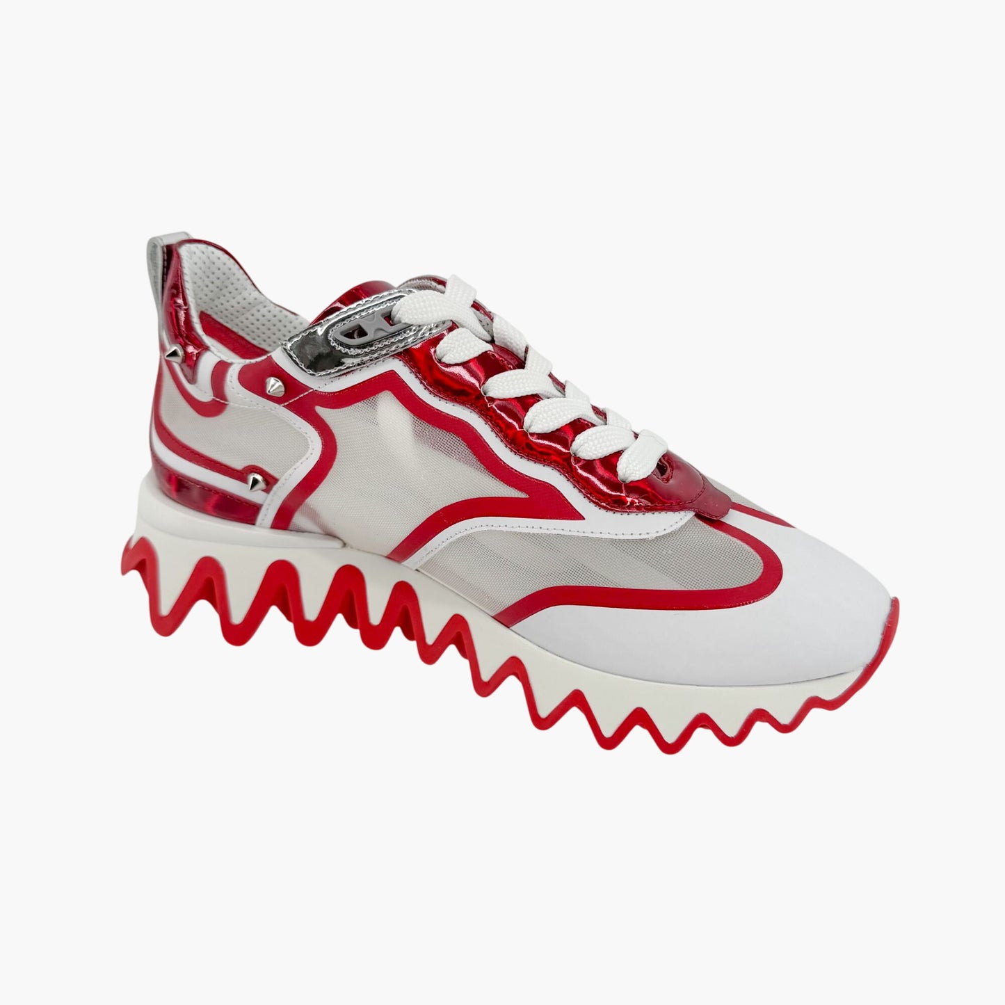 Christian Louboutin Sharkina Mesh Sneakers in White & Red Loubi Psychic Leather Size 37