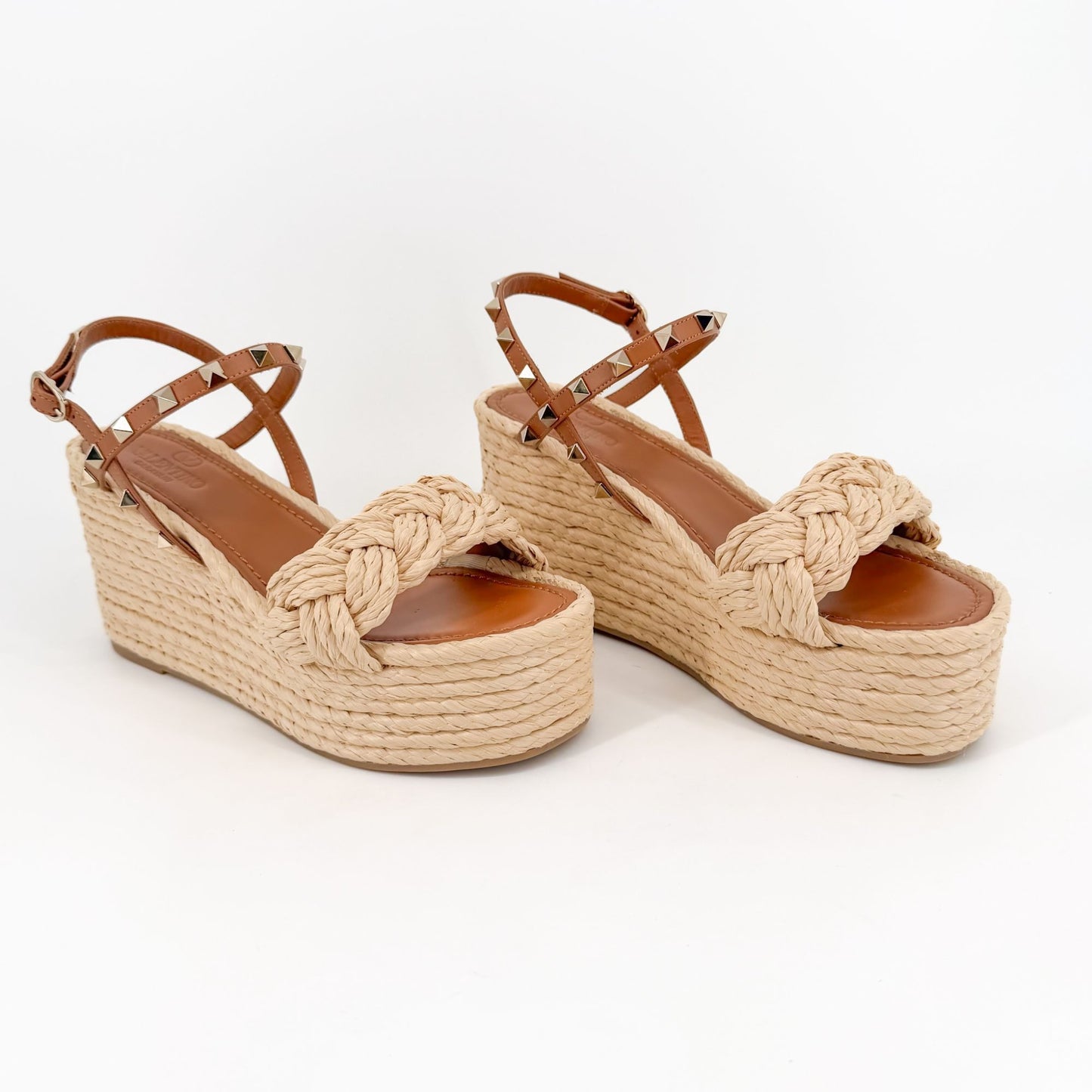 Valentino Rockstud Braided Espadrille Wedges Brown Size 38