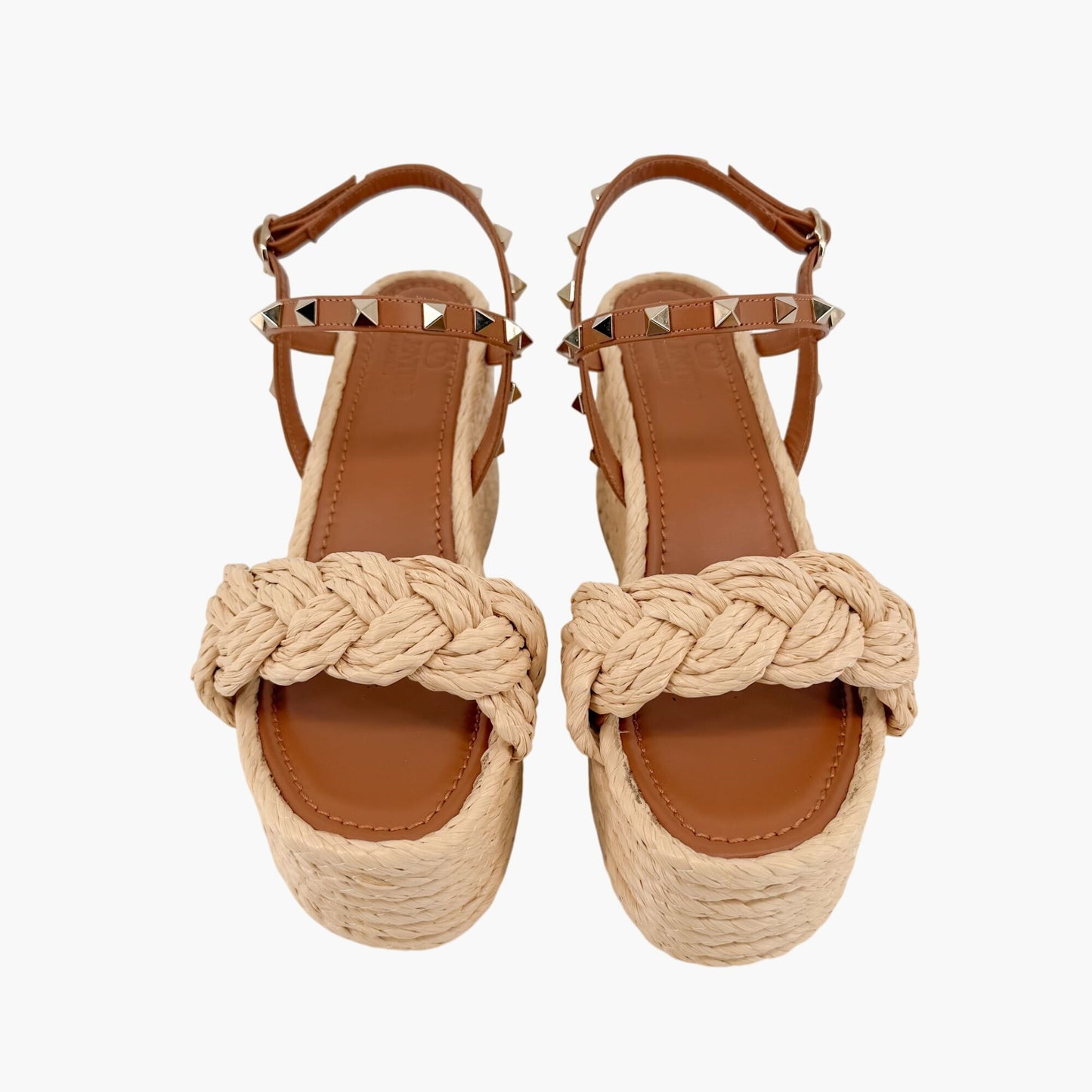 Valentino Rockstud Braided Espadrille Wedges Brown Size 38