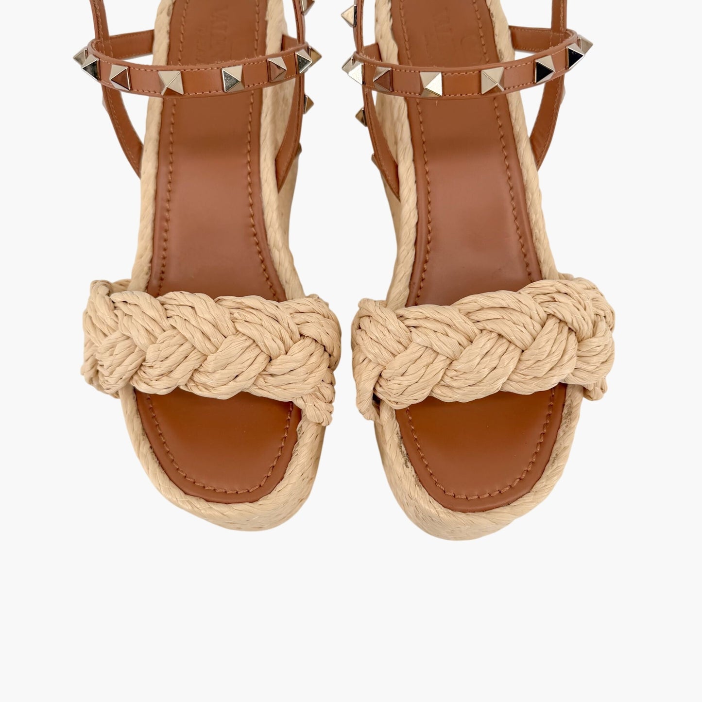 Valentino Rockstud Braided Espadrille Wedges Brown Size 38