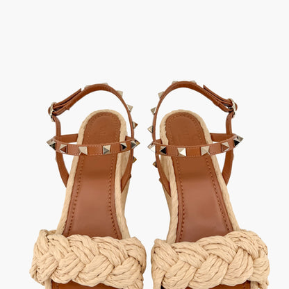 Valentino Rockstud Braided Espadrille Wedges Brown Size 38