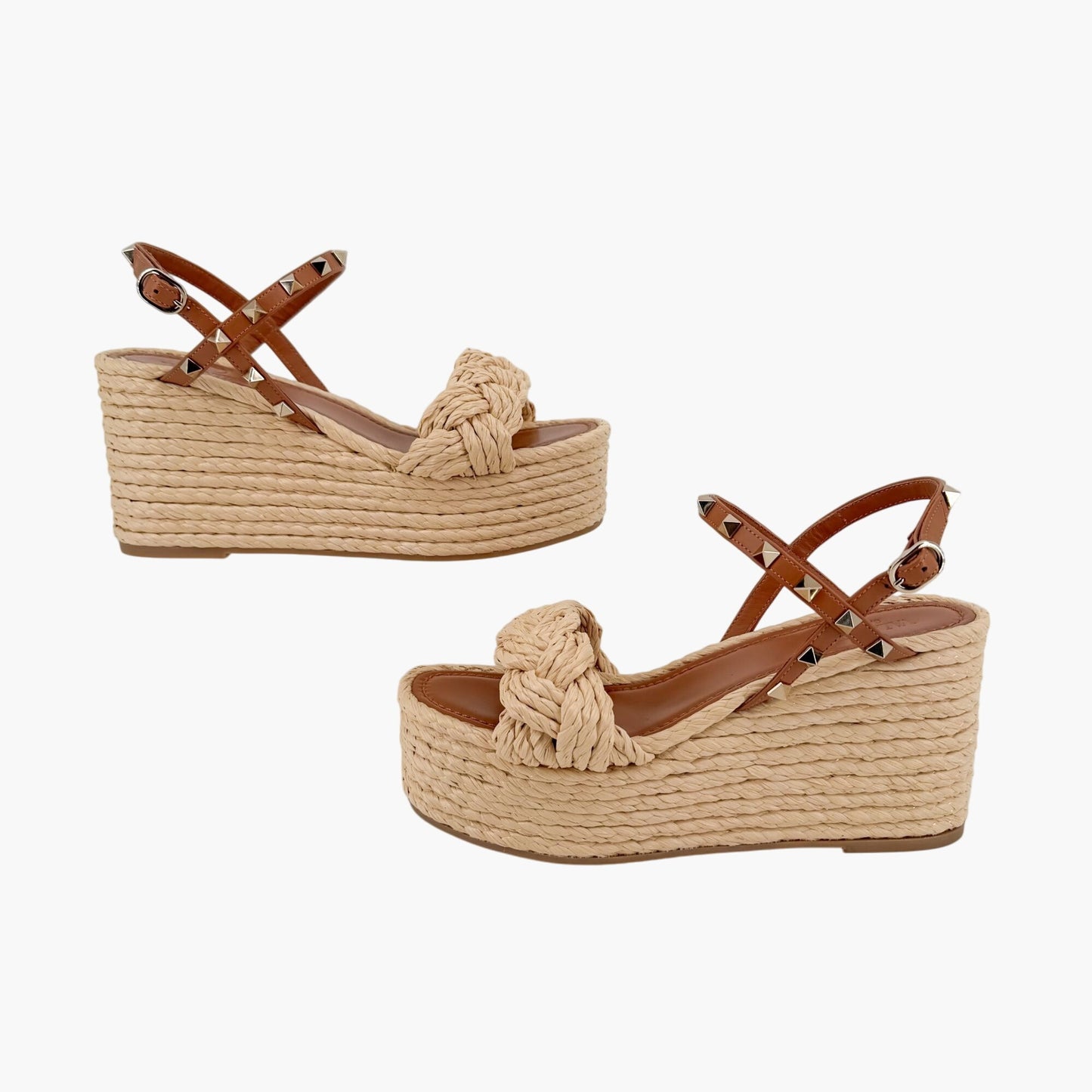 Valentino Rockstud Braided Espadrille Wedges Brown Size 38