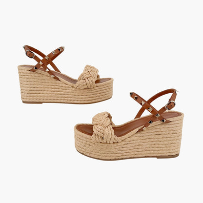 Valentino Rockstud Braided Espadrille Wedges Brown Size 38