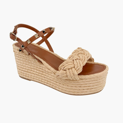 Valentino Rockstud Braided Espadrille Wedges Brown Size 38