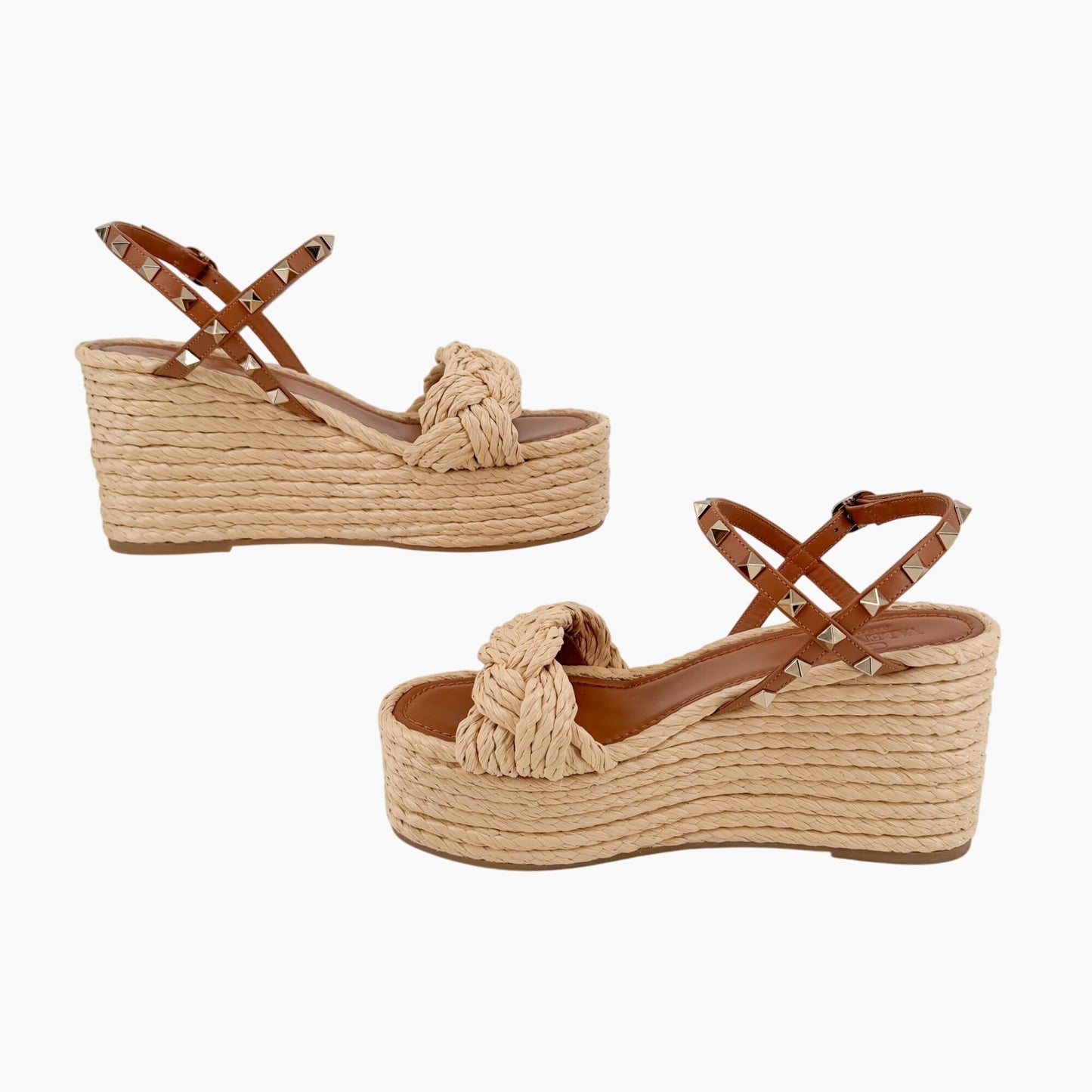 Valentino Rockstud Braided Espadrille Wedges Brown Size 38