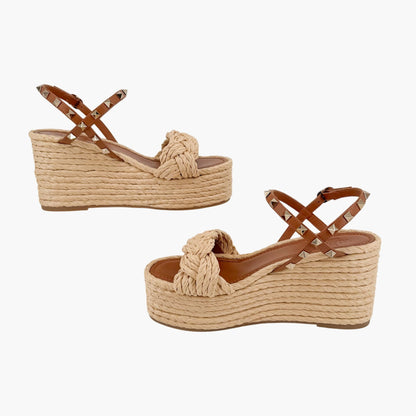 Valentino Rockstud Braided Espadrille Wedges Brown Size 38