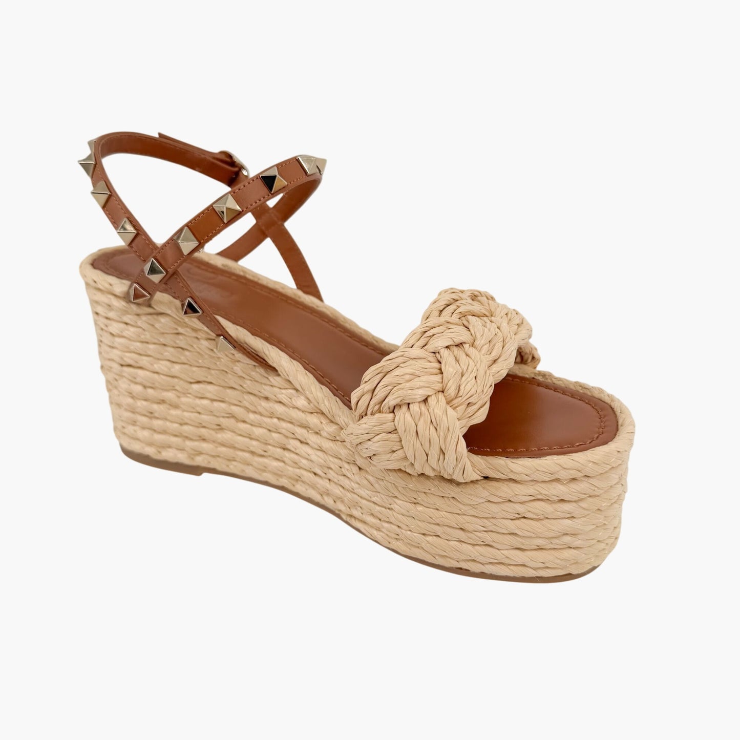 Valentino Rockstud Braided Espadrille Wedges Brown Size 38