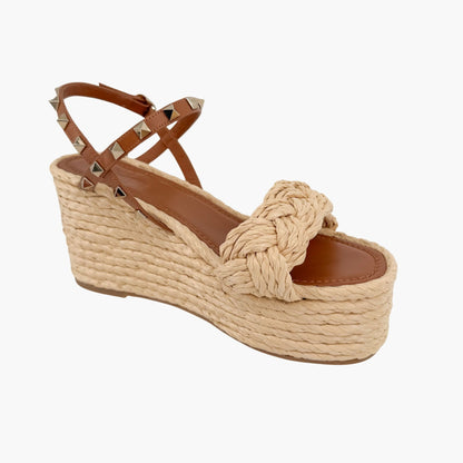 Valentino Rockstud Braided Espadrille Wedges Brown Size 38
