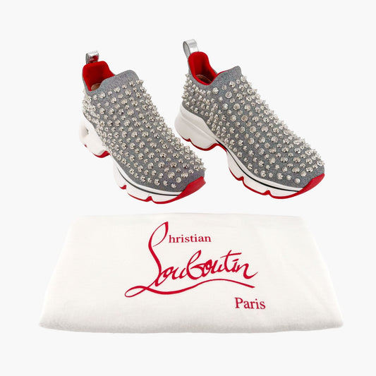 Christian Louboutin Spike Sock Sneakers in Metallic Silver Neoprene Size 39