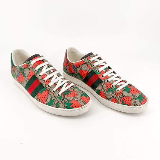 Gucci Ace Web Stripe Sneakers in GG Monogram Strawberry Canvas Size 38.5