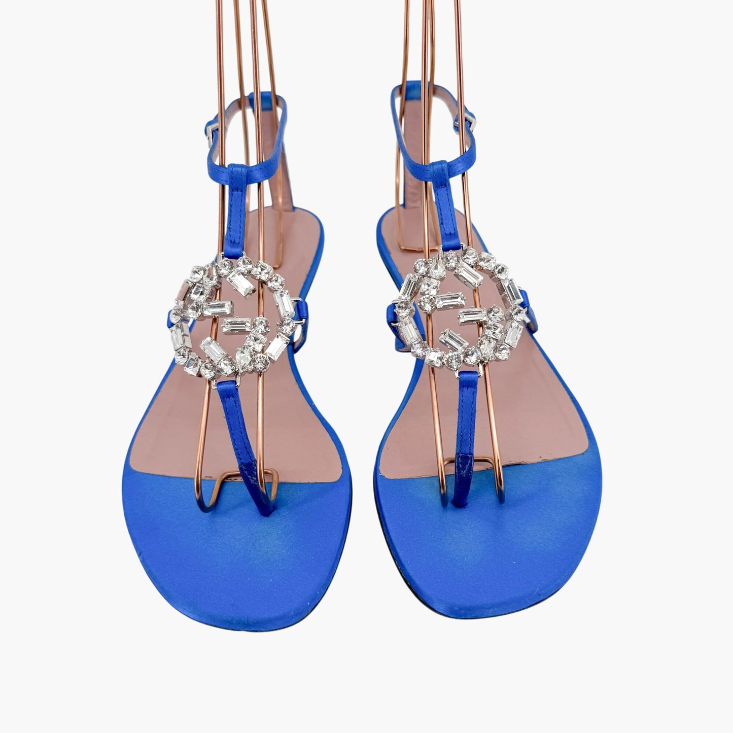 Gucci Crystal Interlocking GG T-Strap Flat Sandals in Blue Satin Size 37.5