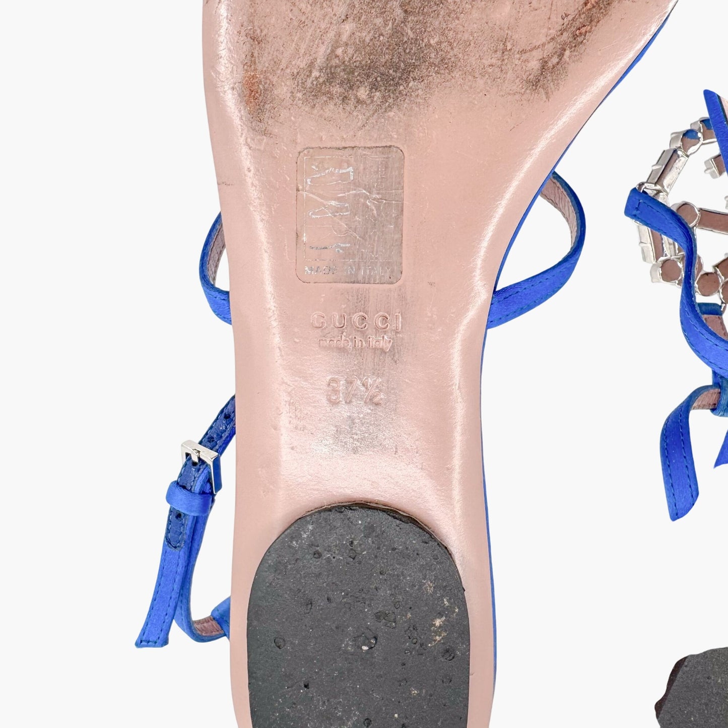 Gucci Crystal Interlocking GG T-Strap Flat Sandals in Blue Satin Size 37.5