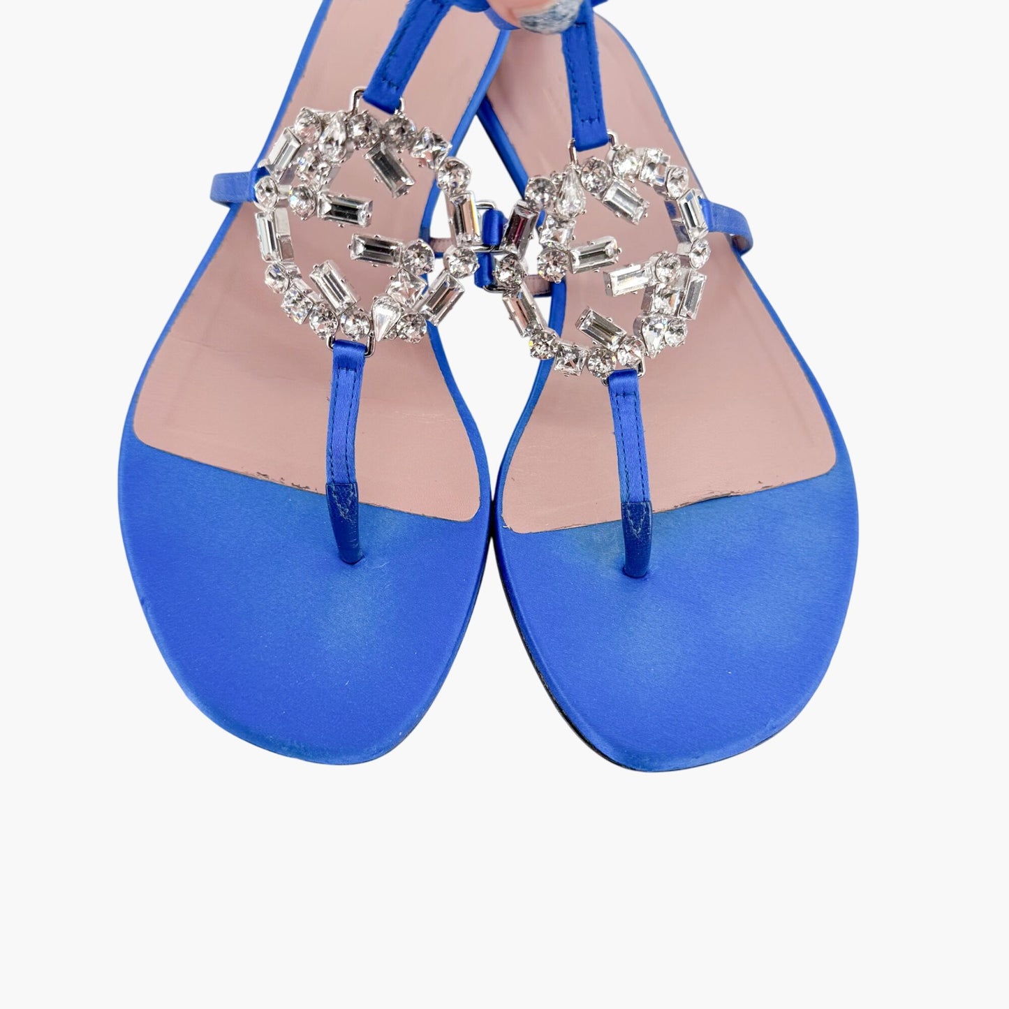 Gucci Crystal Interlocking GG T-Strap Flat Sandals in Blue Satin Size 37.5