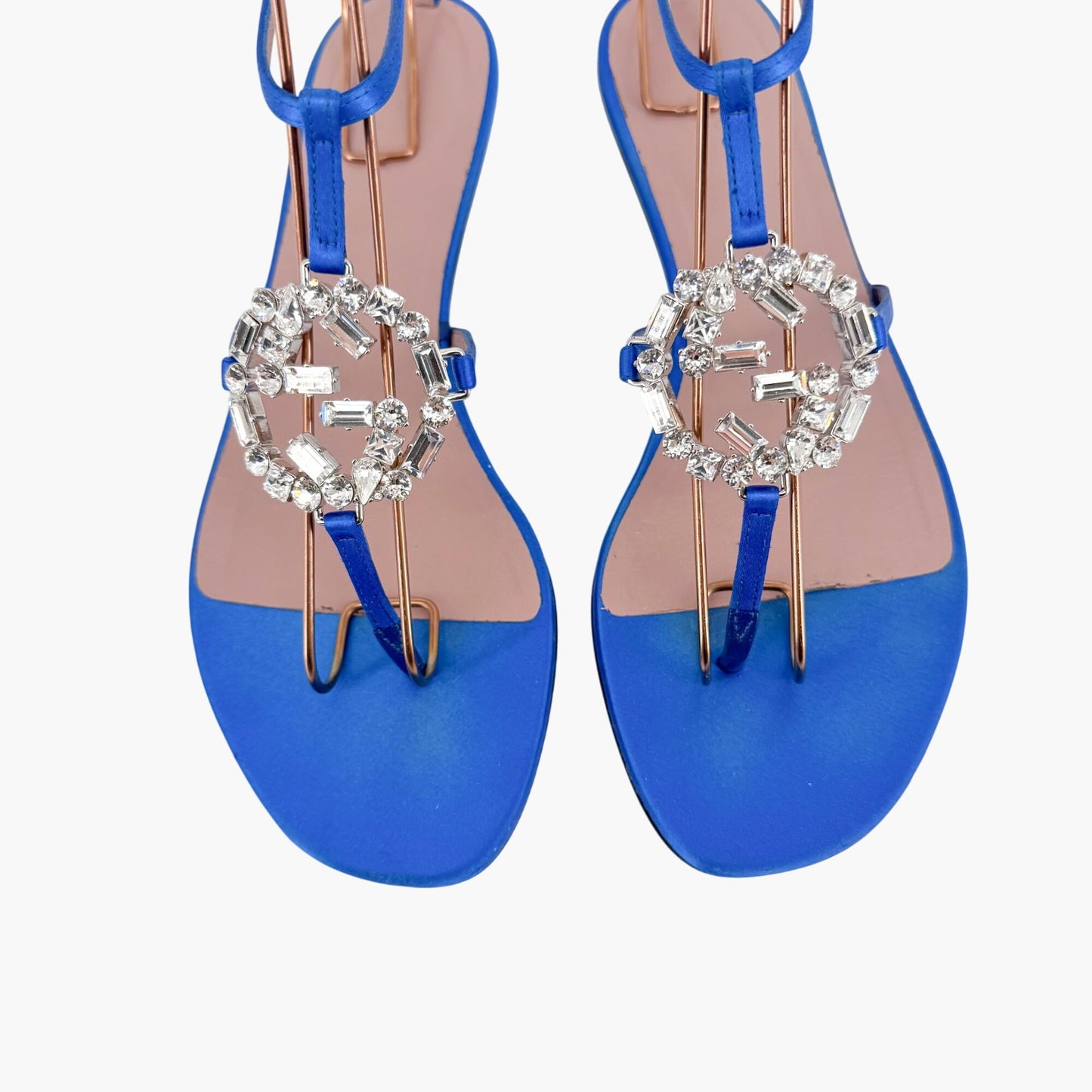 Gucci Crystal Interlocking GG T-Strap Flat Sandals in Blue Satin Size 37.5