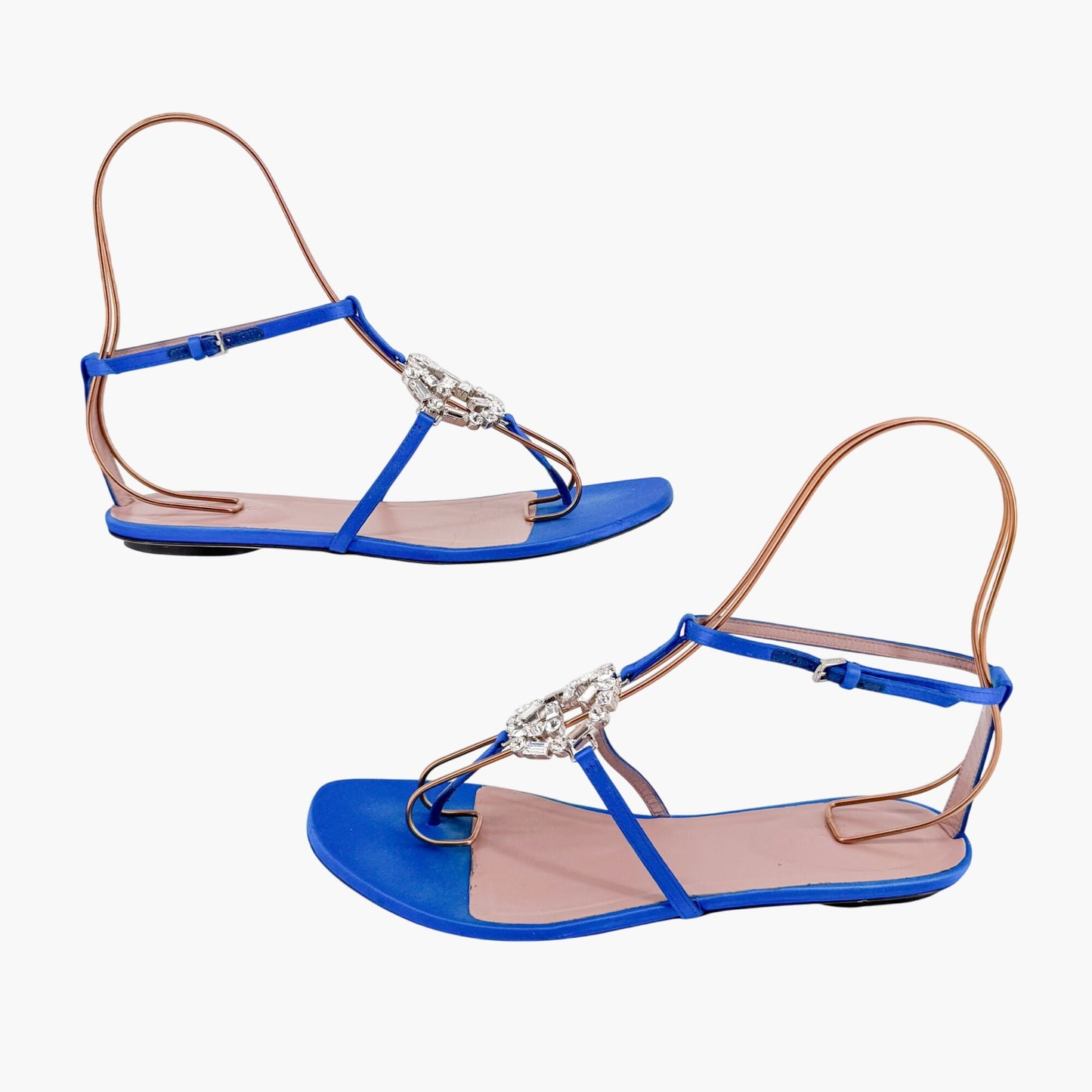 Gucci Crystal Interlocking GG T-Strap Flat Sandals in Blue Satin Size 37.5