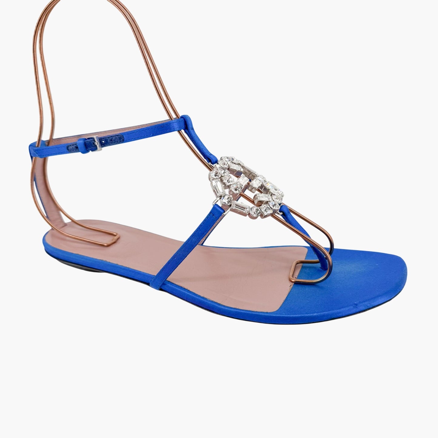 Gucci Crystal Interlocking GG T-Strap Flat Sandals in Blue Satin Size 37.5
