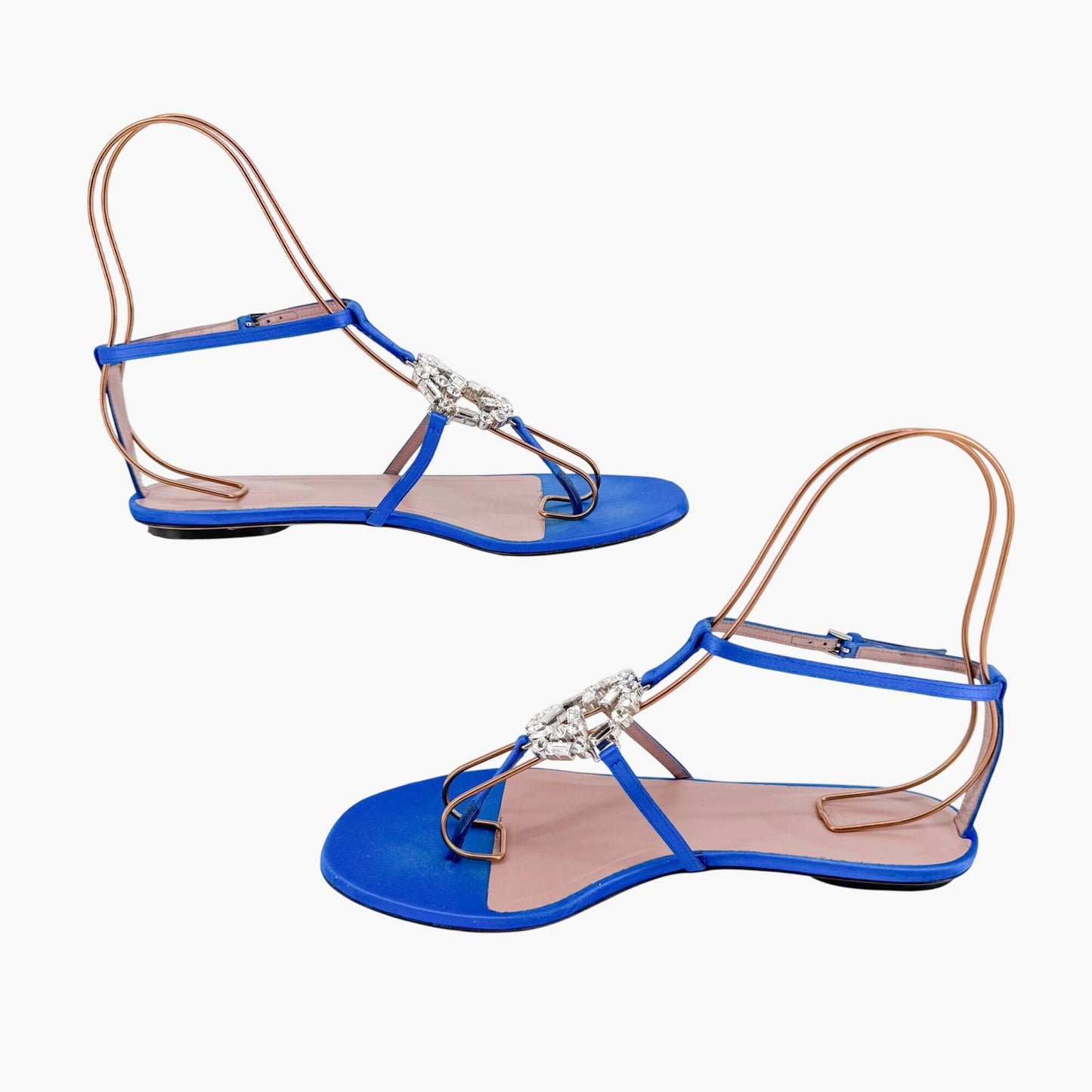 Gucci Crystal Interlocking GG T-Strap Flat Sandals in Blue Satin Size 37.5