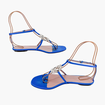 Gucci Crystal Interlocking GG T-Strap Flat Sandals in Blue Satin Size 37.5