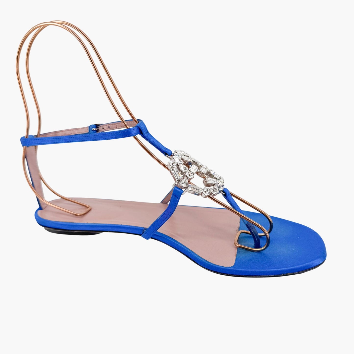 Gucci Crystal Interlocking GG T-Strap Flat Sandals in Blue Satin Size 37.5