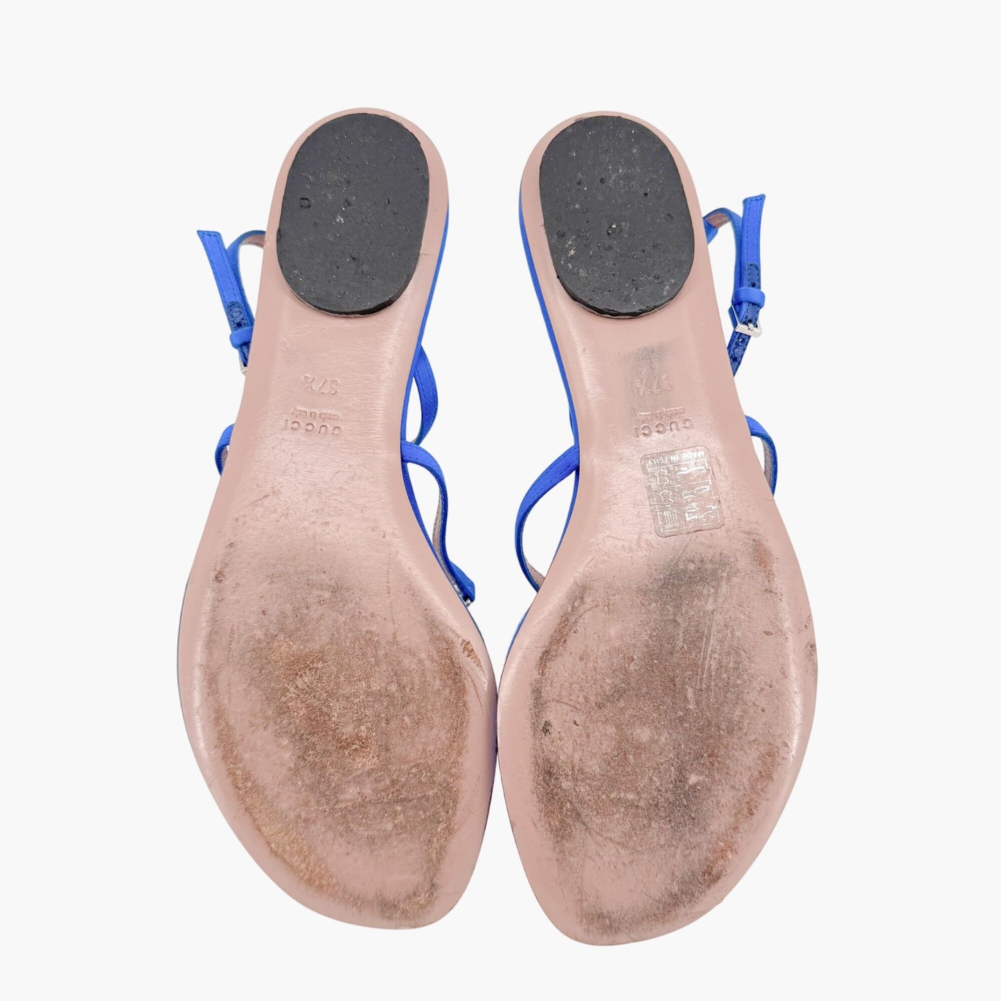 Gucci Crystal Interlocking GG T-Strap Flat Sandals in Blue Satin Size 37.5