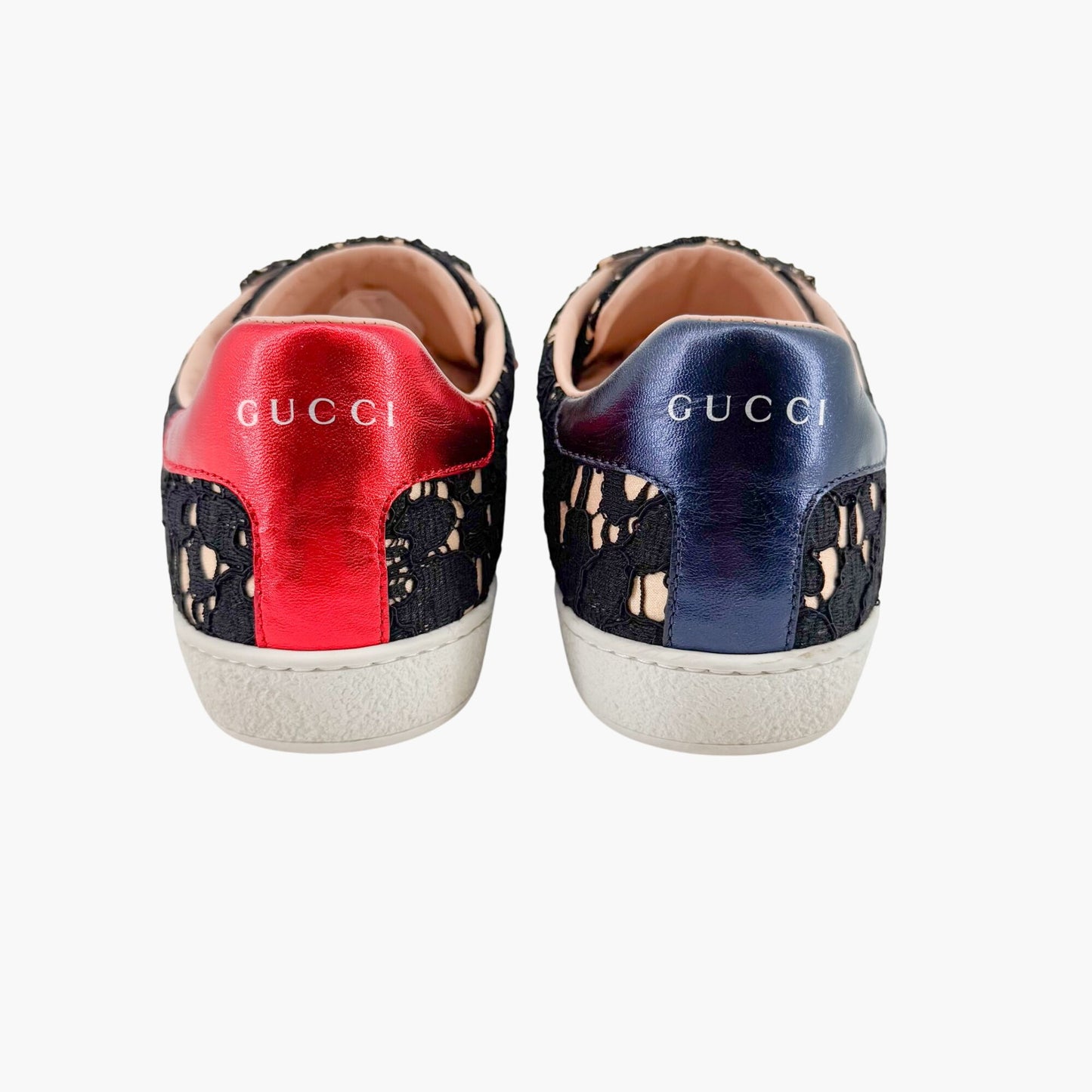 Gucci Ace Crystal-Embellished Web Stripe Sneakers in Black Lace Size 39