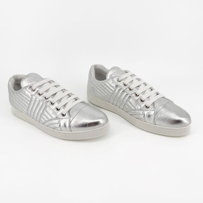 Prada Diagramme Quilted Sneakers in Metallic Silver Leather Size 39.5