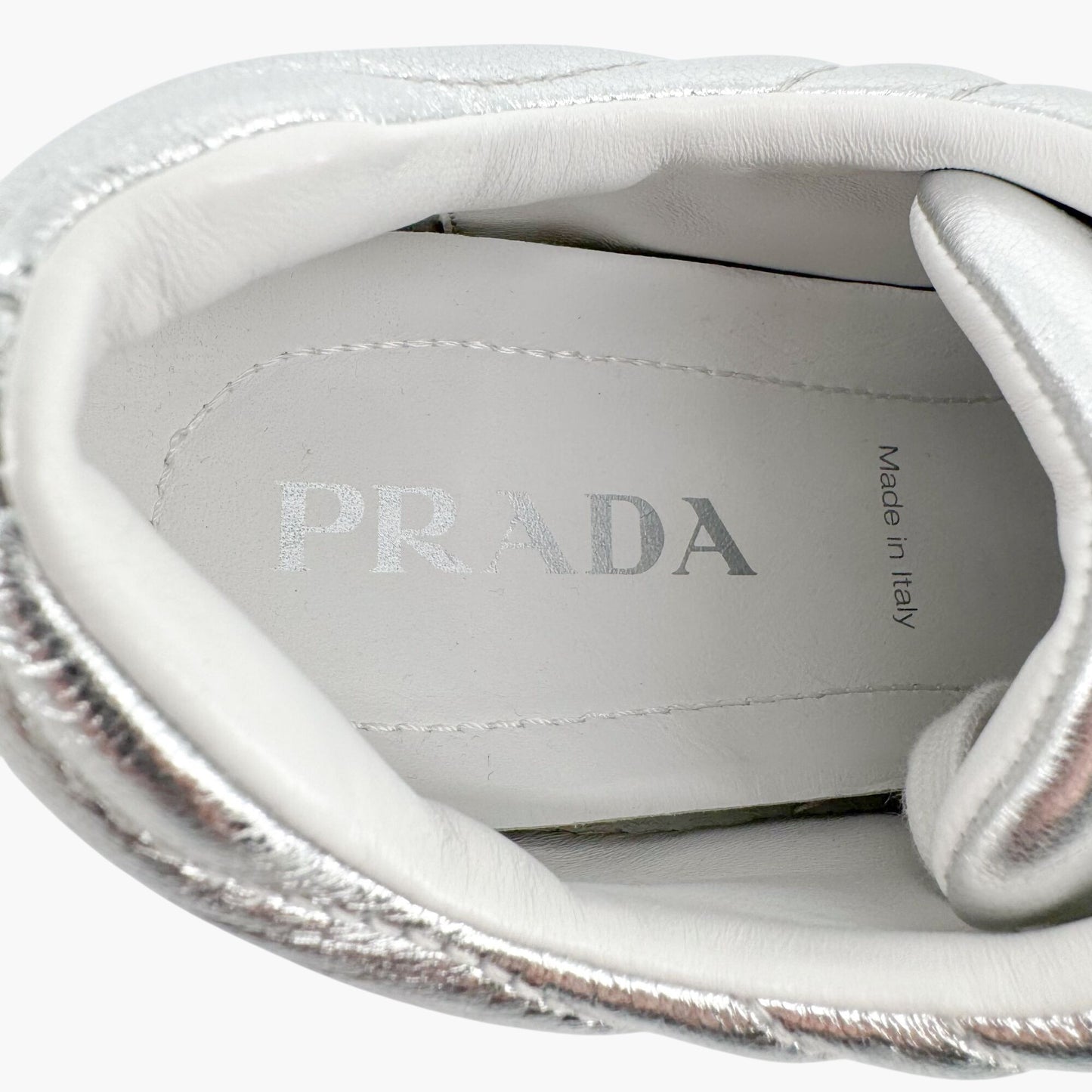 Prada Diagramme Quilted Sneakers in Metallic Silver Leather Size 39.5