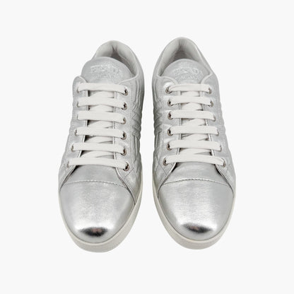 Prada Diagramme Quilted Sneakers in Metallic Silver Leather Size 39.5