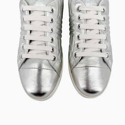 Prada Diagramme Quilted Sneakers in Metallic Silver Leather Size 39.5