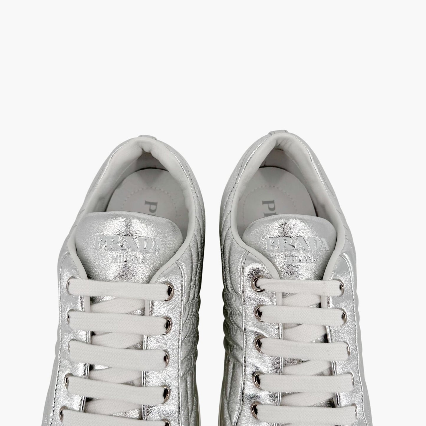 Prada Diagramme Quilted Sneakers in Metallic Silver Leather Size 39.5