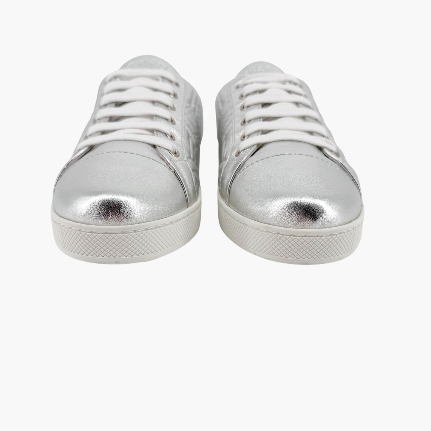 Prada Diagramme Quilted Sneakers in Metallic Silver Leather Size 39.5