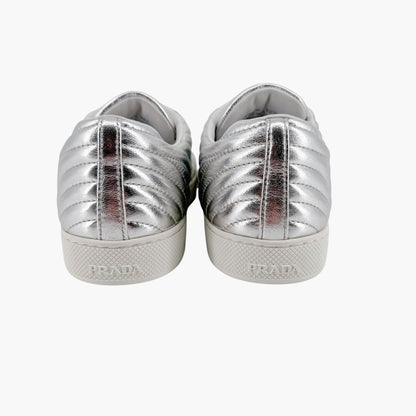 Prada Diagramme Quilted Sneakers in Metallic Silver Leather Size 39.5