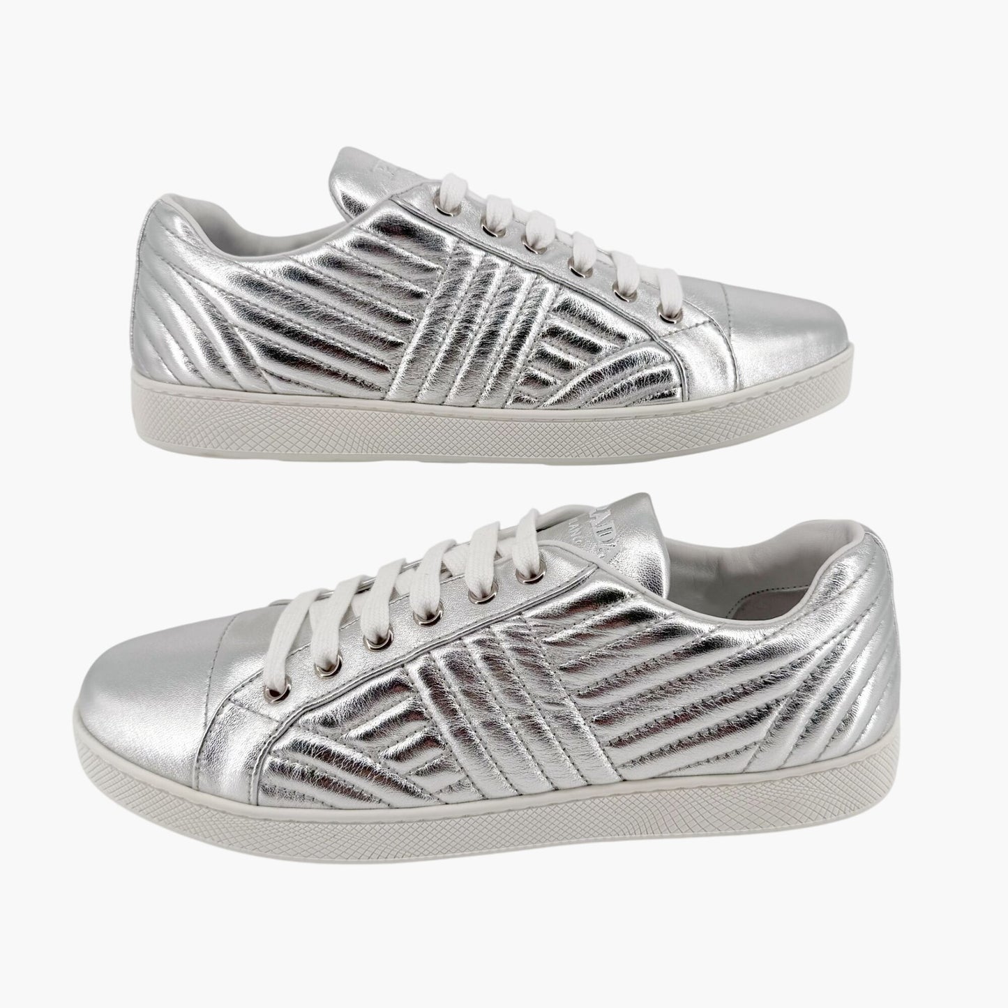 Prada Diagramme Quilted Sneakers in Metallic Silver Leather Size 39.5