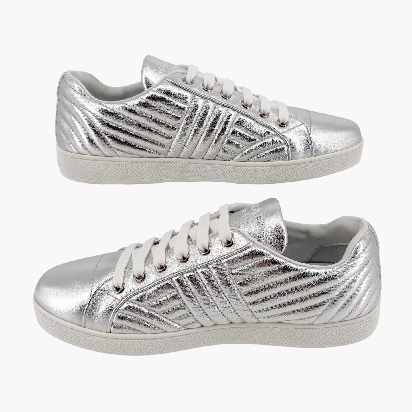 Prada Diagramme Quilted Sneakers in Metallic Silver Leather Size 39.5