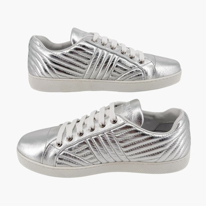 Prada Diagramme Quilted Sneakers in Metallic Silver Leather Size 39.5