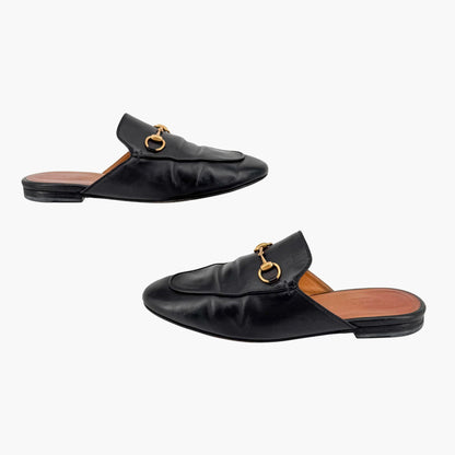 Gucci Princetown Black Leather Horsebit Loafer Mules Size 37.5