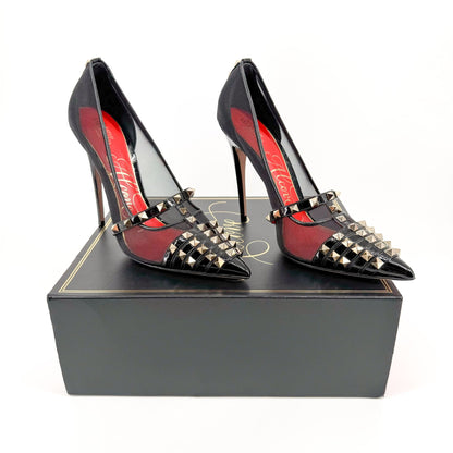 Valentino Garavani Rockstud Alcove Mesh Pumps in Black Patent Leather Size 41