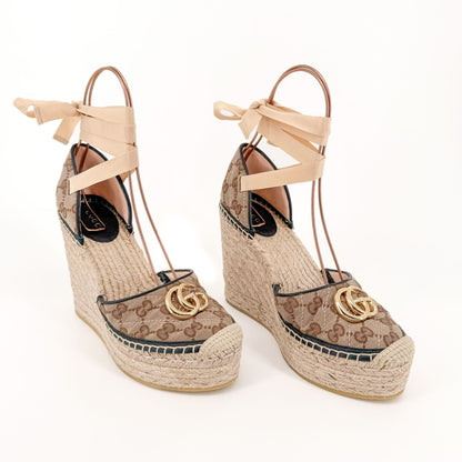 Gucci Pilar Ankle Wrap Espadrille Wedge Sandals in GG Monogram Canvas Size 39.5