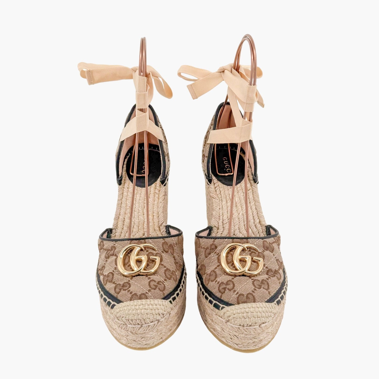 Gucci Pilar Ankle Wrap Espadrille Wedge Sandals in GG Monogram Canvas Size 39.5