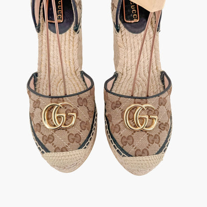 Gucci Pilar Ankle Wrap Espadrille Wedge Sandals in GG Monogram Canvas Size 39.5