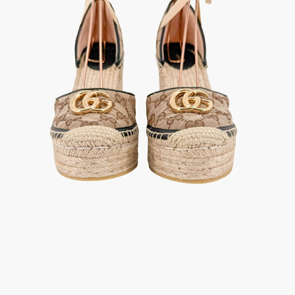 Gucci Pilar Ankle Wrap Espadrille Wedge Sandals in GG Monogram Canvas Size 39.5