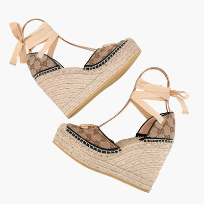 Gucci Pilar Ankle Wrap Espadrille Wedge Sandals in GG Monogram Canvas Size 39.5