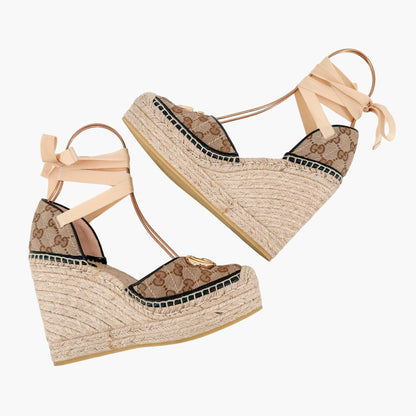 Gucci Pilar Ankle Wrap Espadrille Wedge Sandals in GG Monogram Canvas Size 39.5