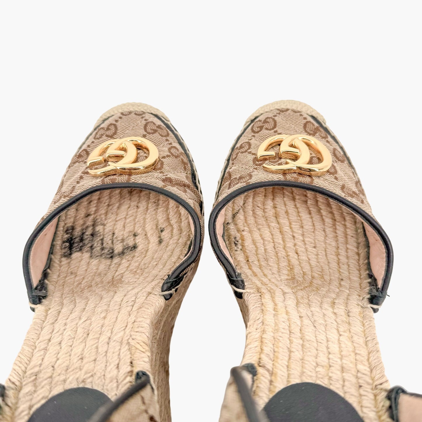 Gucci Pilar Ankle Wrap Espadrille Wedge Sandals in GG Monogram Canvas Size 39.5