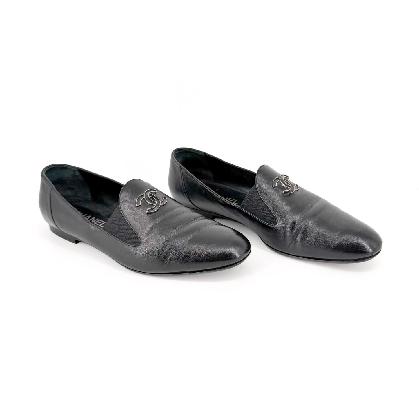 Chanel CC Slip On Loafers Black Leather Size 41