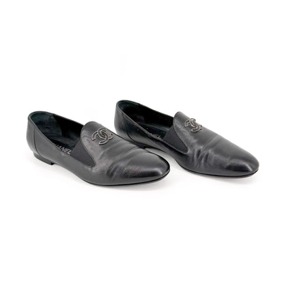 Chanel CC Slip On Loafers Black Leather Size 41