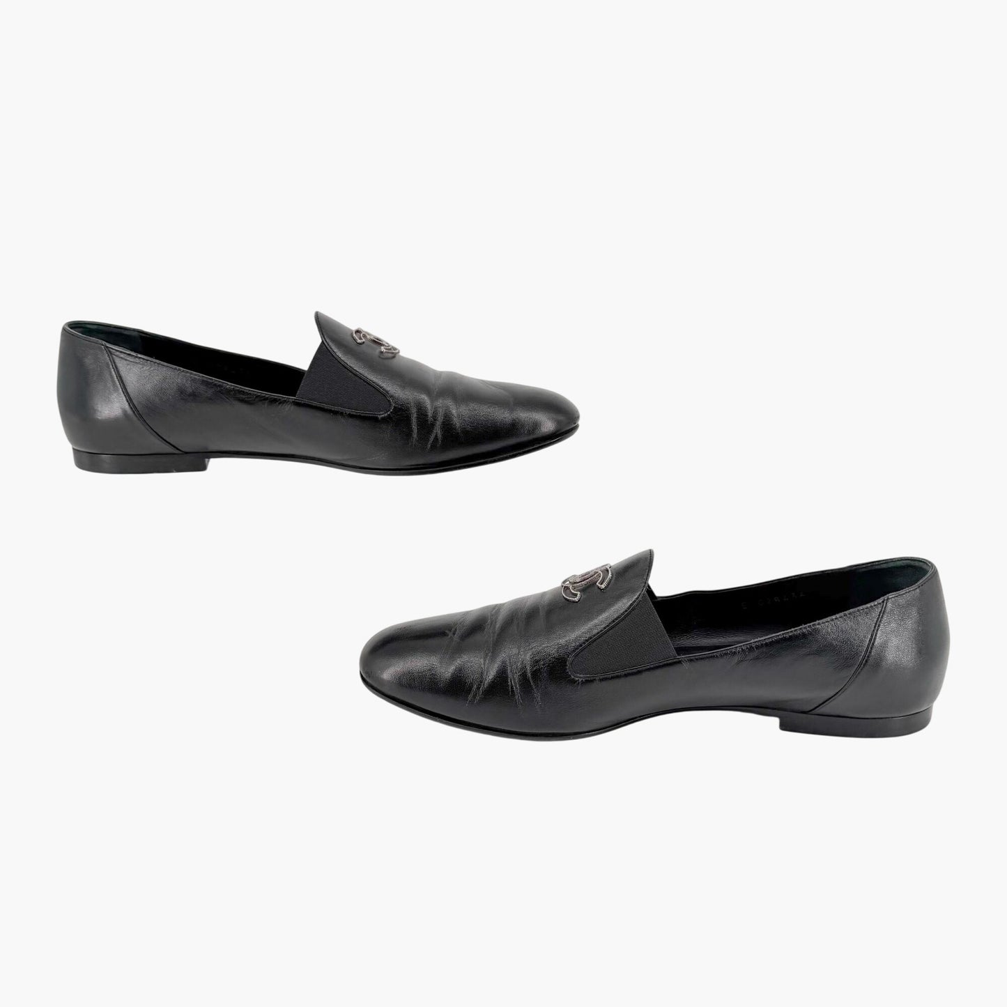 Chanel CC Slip On Loafers Black Leather Size 41