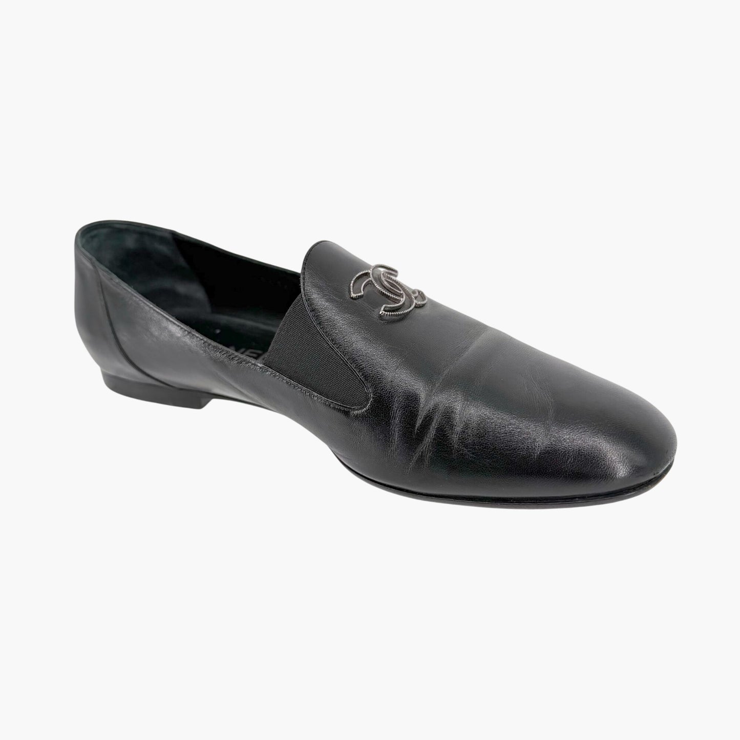 Chanel CC Slip On Loafers Black Leather Size 41