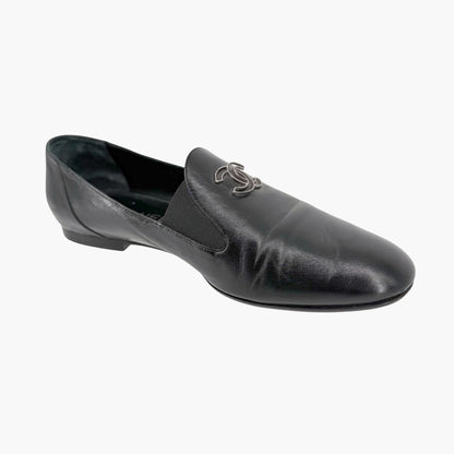 Chanel CC Slip On Loafers Black Leather Size 41